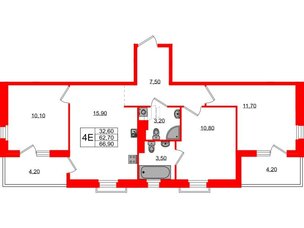 Квартира в ЖК Экография, 3 комнатная, 66.9 м², 2 этаж