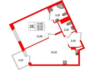 Квартира в ЖК Экография, 1 комнатная, 39.6 м², 2 этаж