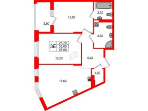 Квартира в ЖК Экография, 2 комнатная, 57 м², 2 этаж