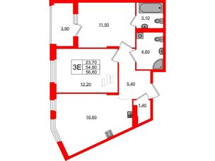 Квартира в ЖК Экография, 2 комнатная, 56.8 м², 3 этаж