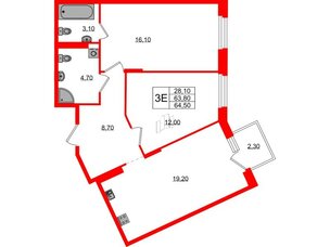 Квартира в ЖК Экография, 2 комнатная, 64.5 м², 2 этаж