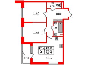 Квартира в ЖК 'Парадный ансамбль', 2 комнатная, 53.35 м², 1 этаж