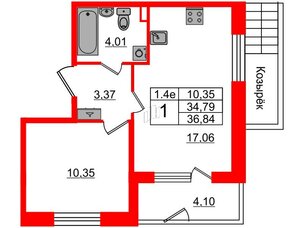 Квартира в ЖК «Парадный ансамбль», 1 комнатная, 34.79 м², 1 этаж