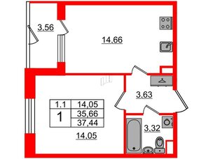 Квартира в ЖК «Парадный ансамбль», 1 комнатная, 35.66 м², 1 этаж