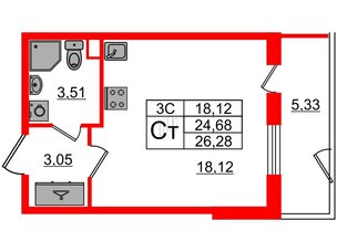 Квартира в ЖК 'Парадный ансамбль', студия, 24.68 м², 1 этаж