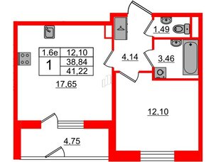 Квартира в ЖК 'Парадный ансамбль', 1 комнатная, 38.84 м², 1 этаж