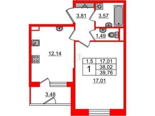 Квартира в ЖК 'Парадный ансамбль', 1 комнатная, 38.02 м², 1 этаж