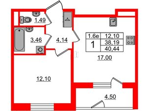 Квартира в ЖК «Парадный ансамбль», 1 комнатная, 38.19 м², 1 этаж