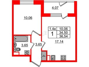 Квартира в ЖК «Парадный ансамбль», 1 комнатная, 34.5 м², 1 этаж