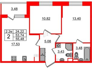 Квартира в ЖК «Парадный ансамбль», 2 комнатная, 53.74 м², 3 этаж