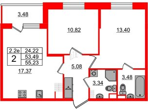 Квартира в ЖК 'Парадный ансамбль', 2 комнатная, 53.49 м², 5 этаж