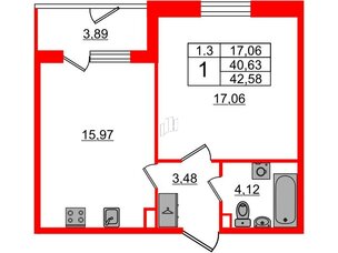 Квартира в ЖК 'Парадный ансамбль', 1 комнатная, 40.63 м², 1 этаж