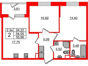 Квартира в ЖК 'Парадный ансамбль', 2 комнатная, 54.05 м², 1 этаж