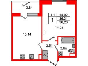 Квартира в ЖК «Парадный ансамбль», 1 комнатная, 36.31 м², 1 этаж