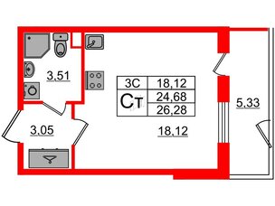 Квартира в ЖК «Парадный ансамбль», студия, 24.68 м², 1 этаж