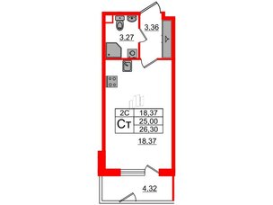 Квартира в ЖК «Парадный ансамбль», студия, 25 м², 1 этаж