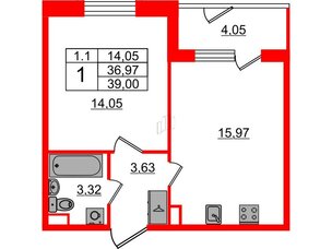 Квартира в ЖК 'Парадный ансамбль', 1 комнатная, 36.97 м², 1 этаж