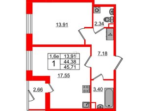 Квартира в ЖК «Парадный ансамбль», 1 комнатная, 44.38 м², 1 этаж