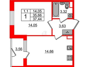 Квартира в ЖК «Парадный ансамбль», 1 комнатная, 35.66 м², 1 этаж