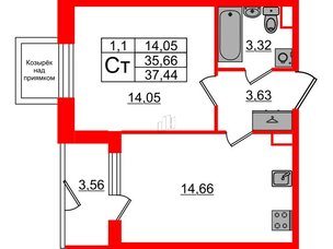 Квартира в ЖК «Парадный ансамбль», 1 комнатная, 35.66 м², 1 этаж