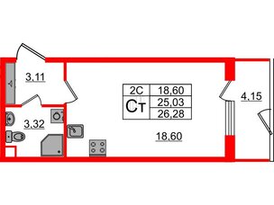 Квартира в ЖК «Парадный ансамбль», студия, 25.03 м², 1 этаж