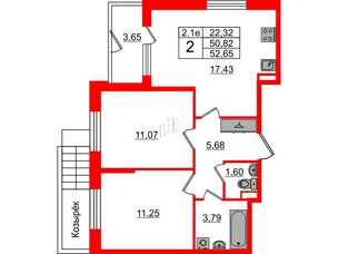 Квартира в ЖК 'Парадный ансамбль', 2 комнатная, 50.82 м², 1 этаж