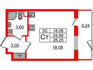 Квартира в ЖК «Парадный ансамбль», студия, 24.68 м², 1 этаж