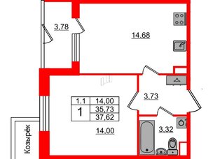 Квартира в ЖК 'Парадный ансамбль', 1 комнатная, 35.73 м², 1 этаж