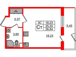 Квартира в ЖК «Парадный ансамбль», студия, 25.2 м², 1 этаж