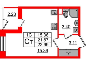 Квартира в ЖК 'Парадный ансамбль', студия, 21.87 м², 1 этаж