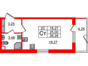 Квартира в ЖК «Парадный ансамбль», студия, 25 м², 1 этаж