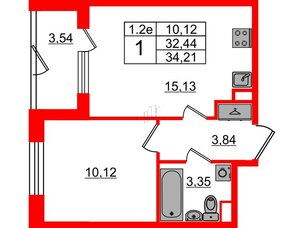 Квартира в ЖК «Парадный ансамбль», 1 комнатная, 32.44 м², 1 этаж