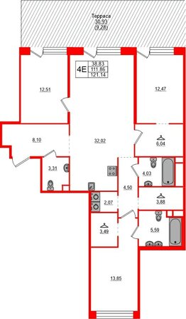 Квартира в ЖК «AVANT», 3 комнатная, 121.14 м², 2 этаж
