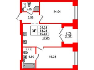 Квартира в ЖК Наука, 2 комнатная, 59.65 м², 5 этаж