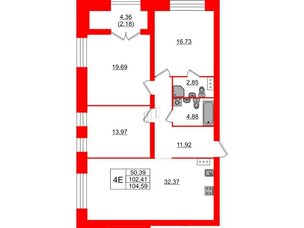Квартира в ЖК Наука, 3 комнатная, 104.59 м², 3 этаж