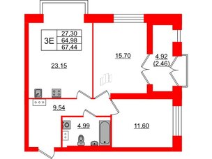 Квартира в ЖК Наука, 2 комнатная, 67.44 м², 7 этаж