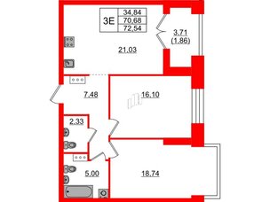 Квартира в ЖК Наука, 2 комнатная, 72.54 м², 4 этаж