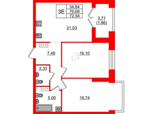 Квартира в ЖК Наука, 2 комнатная, 72.54 м², 10 этаж