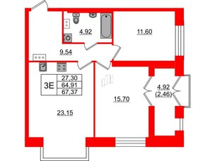Квартира в ЖК Наука, 2 комнатная, 67.37 м², 7 этаж
