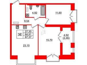 Квартира в ЖК Наука, 2 комнатная, 67.37 м², 8 этаж