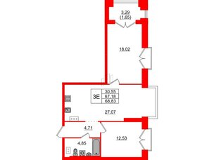 Квартира в ЖК Наука, 2 комнатная, 68.83 м², 7 этаж