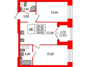 Квартира в ЖК Наука, 2 комнатная, 59.65 м², 3 этаж