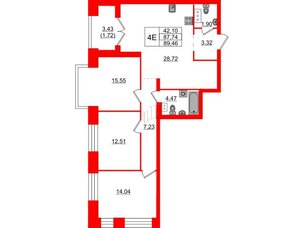 Квартира в ЖК Наука, 3 комнатная, 89.46 м², 4 этаж