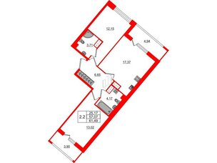 Квартира в ЖК 'Pulse Premier', 2 комнатная, 57.07 м², 13 этаж