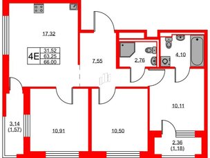 Квартира в ЖК GloraX Новоселье, 3 комнатная, 66 м², 6 этаж