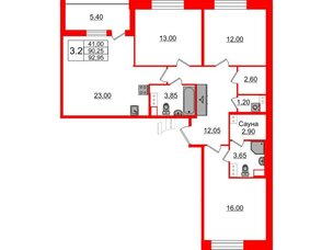 Квартира в ЖК Бионика Заповедная, 3 комнатная, 90.25 м², 9 этаж
