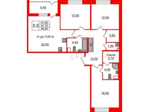 Квартира в ЖК «Бионика Заповедная», 3 комнатная, 91.7 м², 1 этаж