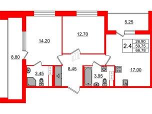 Квартира в ЖК Бионика Заповедная, 2 комнатная, 59.75 м², 2 этаж