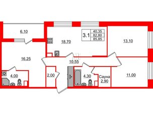Квартира в ЖК «Бионика Заповедная», 3 комнатная, 82.8 м², 2 этаж