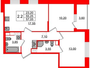 Квартира в ЖК Бионика Заповедная, 2 комнатная, 55.25 м², 3 этаж